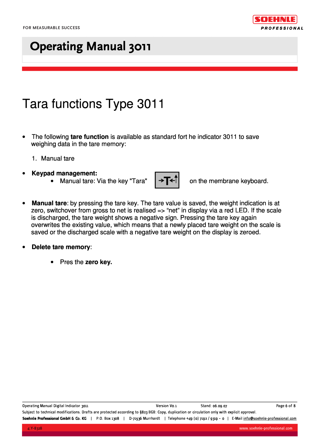Soehnle 3011 manual Tara functions Type, Keypad management, Delete tare memory, Operating Manual 