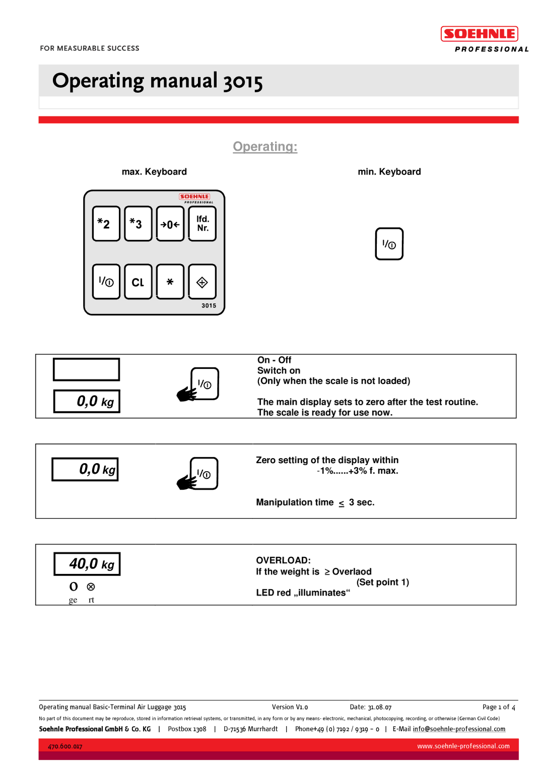 Soehnle 3015 manual 40,0 kg, Operating 