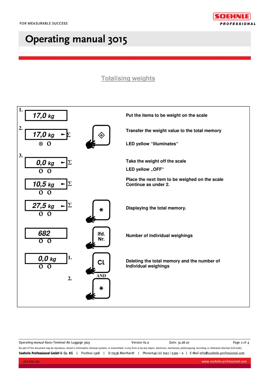 Soehnle 3015 manual 17,0 kg 17,0 kg ∑, 10,5 kg 27,5 kg 682, Totalising weights 