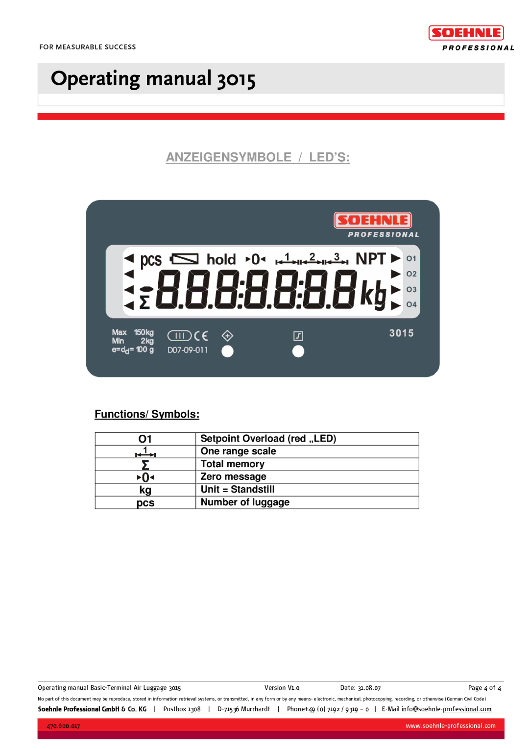 Soehnle 3015 manual Functions/ Symbols, Pcs 