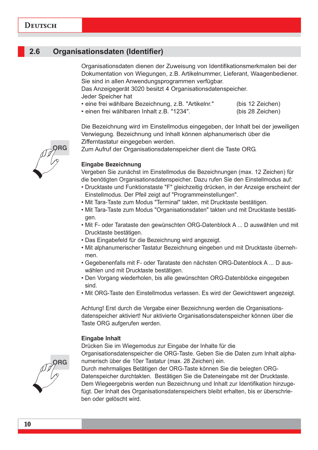 Soehnle 3020 manual Organisationsdaten Identifier, Eingabe Bezeichnung, Eingabe Inhalt 