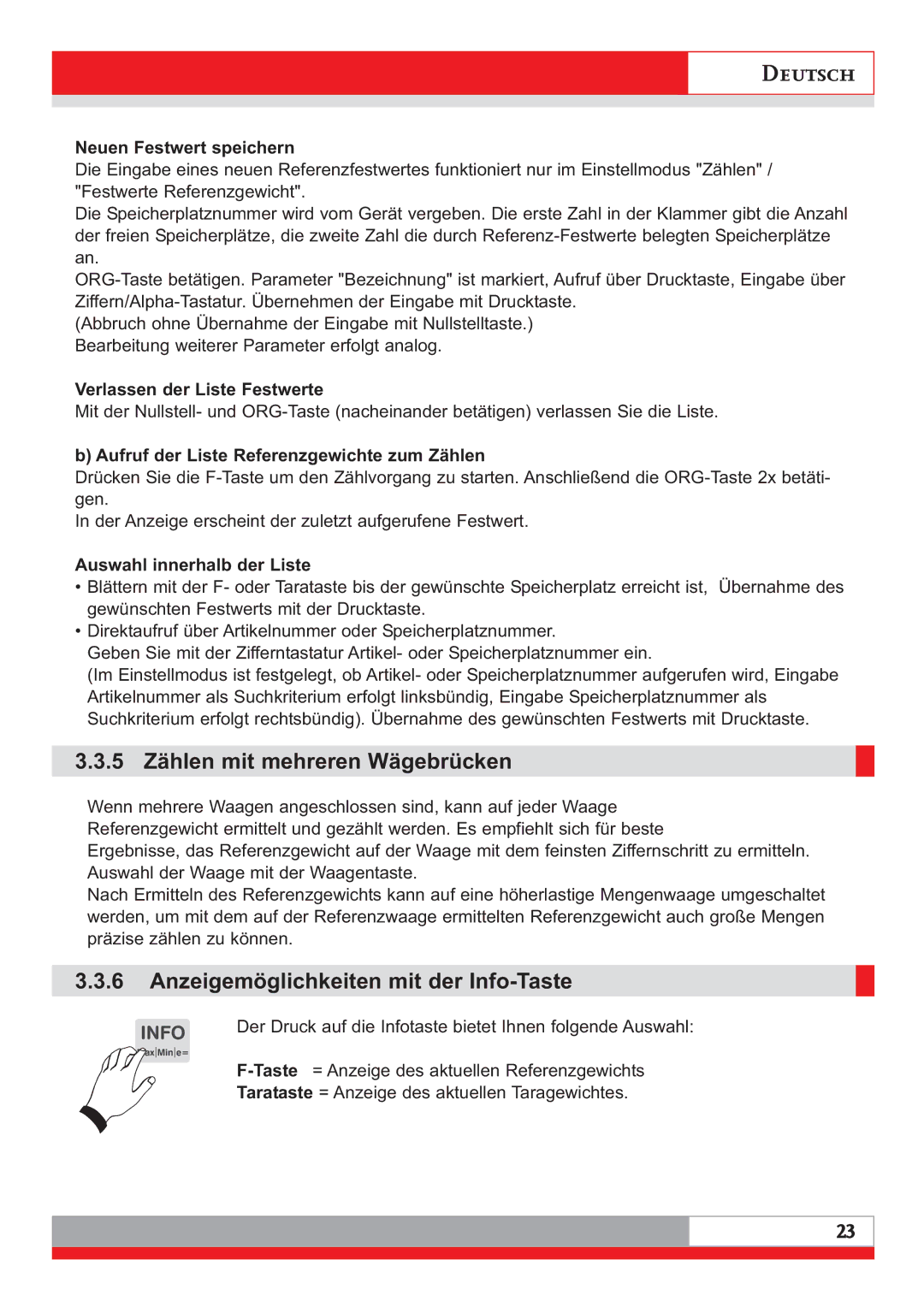 Soehnle 3020 manual 5 Zählen mit mehreren Wägebrücken, Neuen Festwert speichern, Verlassen der Liste Festwerte 