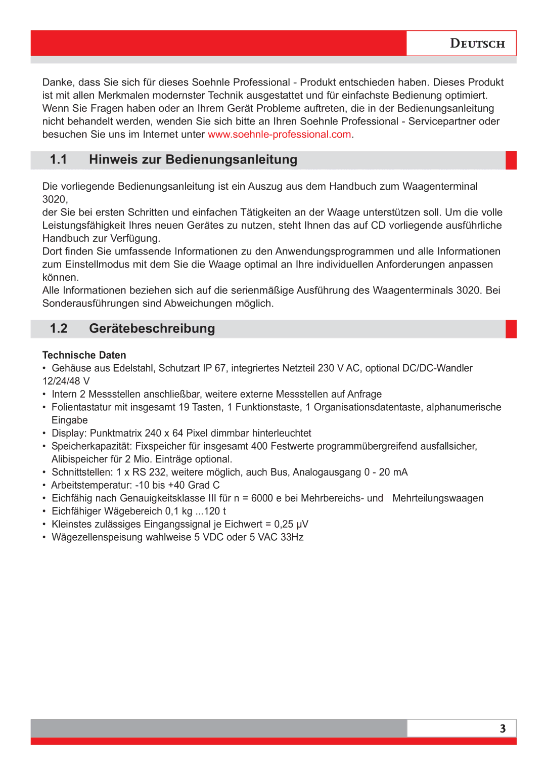 Soehnle 3020 manual Hinweis zur Bedienungsanleitung, Gerätebeschreibung, Technische Daten 