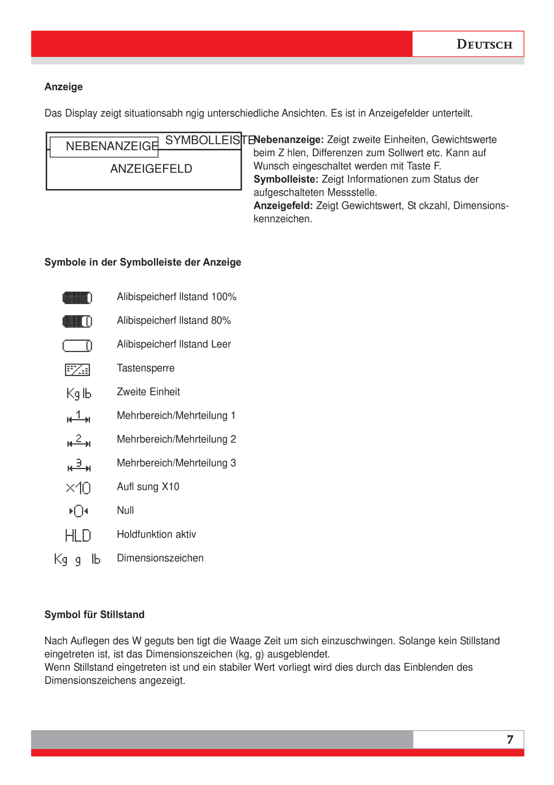 Soehnle 3020 manual Symbole in der Symbolleiste der Anzeige, Symbol für Stillstand 