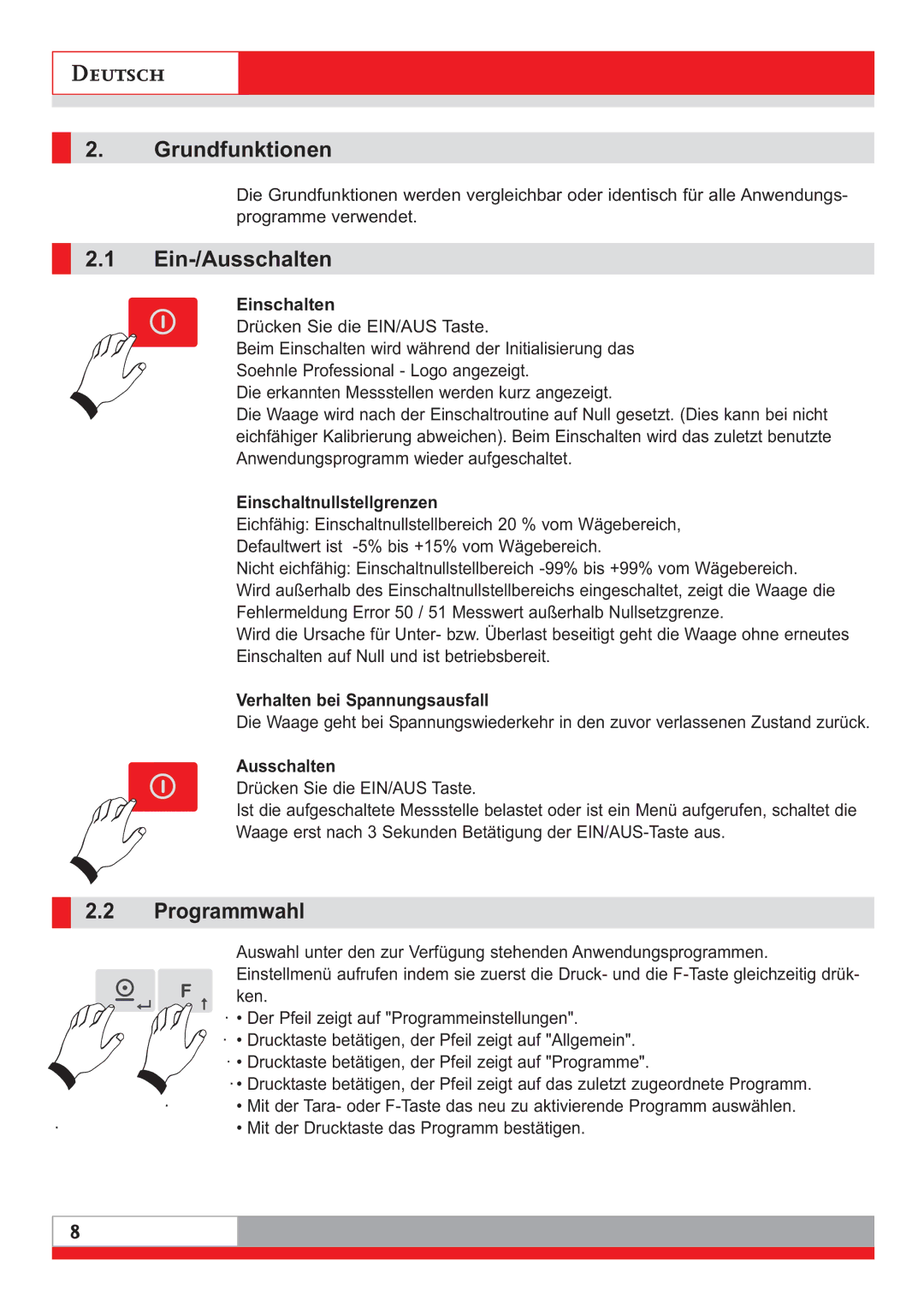 Soehnle 3020 manual Grundfunktionen, Ein-/Ausschalten, Programmwahl 