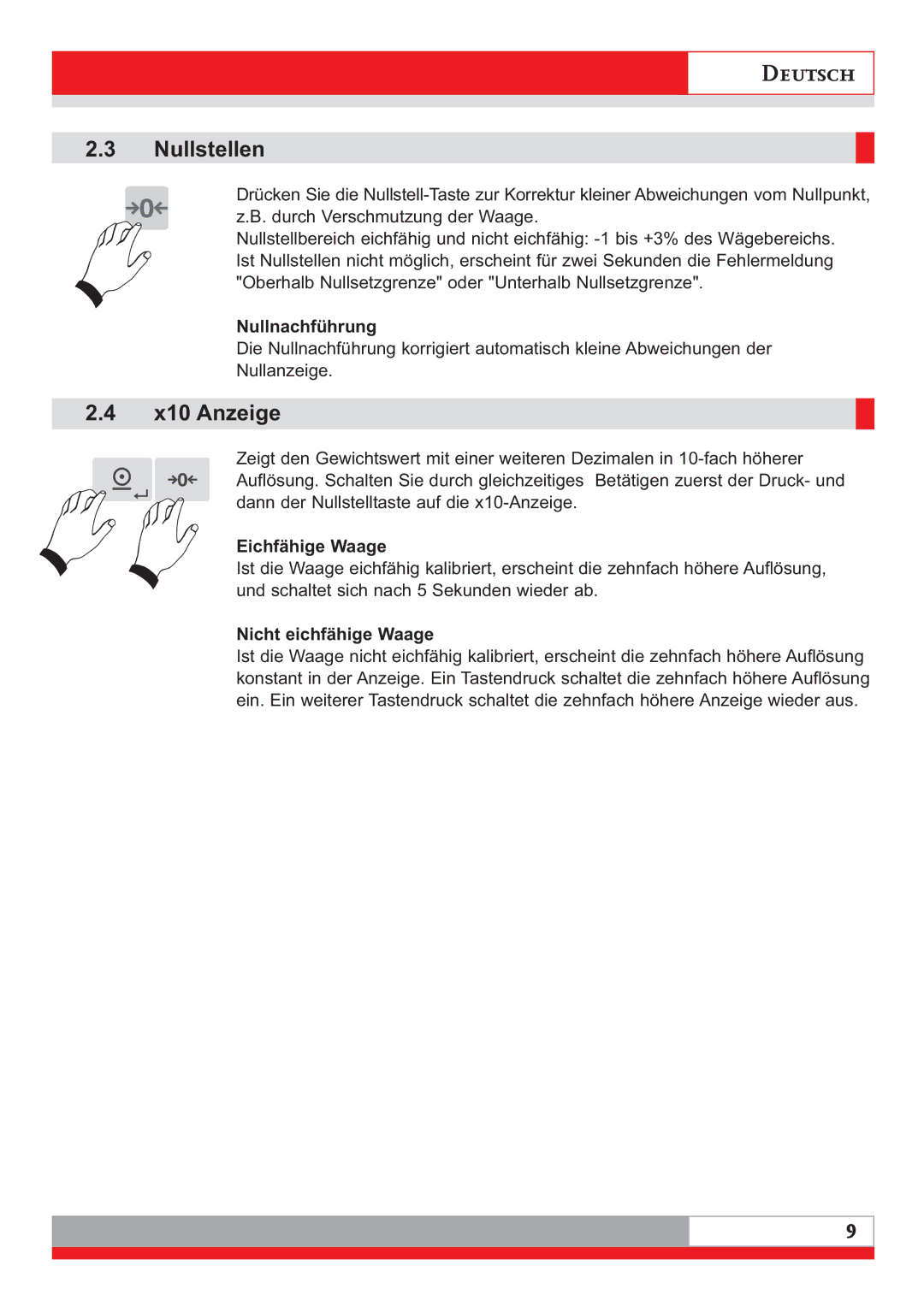 Soehnle 3020 manual Nullstellen, X10 Anzeige, Nullnachführung, Eichfähige Waage, Nicht eichfähige Waage 