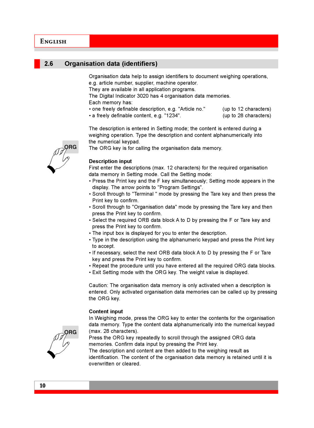 Soehnle 3020 manual Organisation data identifiers, Description input, Content input 