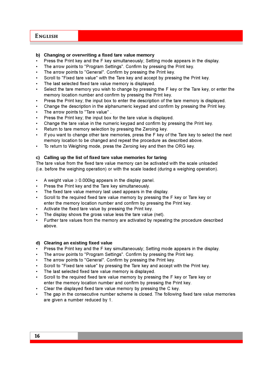 Soehnle 3020 manual Changing or overwriting a fixed tare value memory, Clearing an existing fixed value 