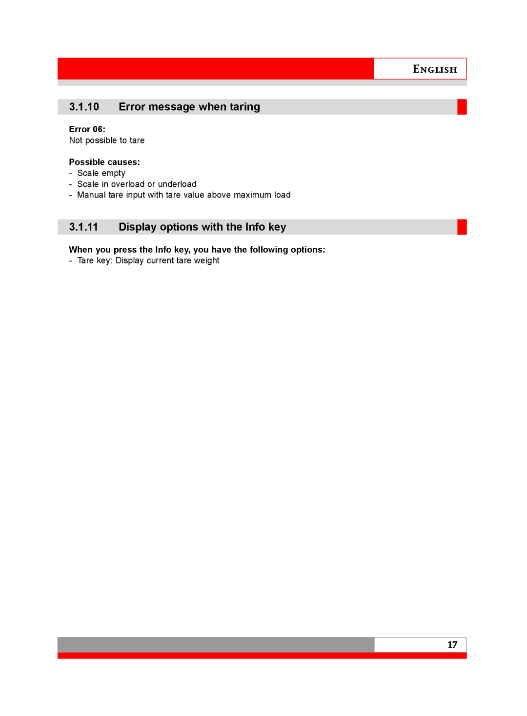 Soehnle 3020 manual Error message when taring, Display options with the Info key, Possible causes 