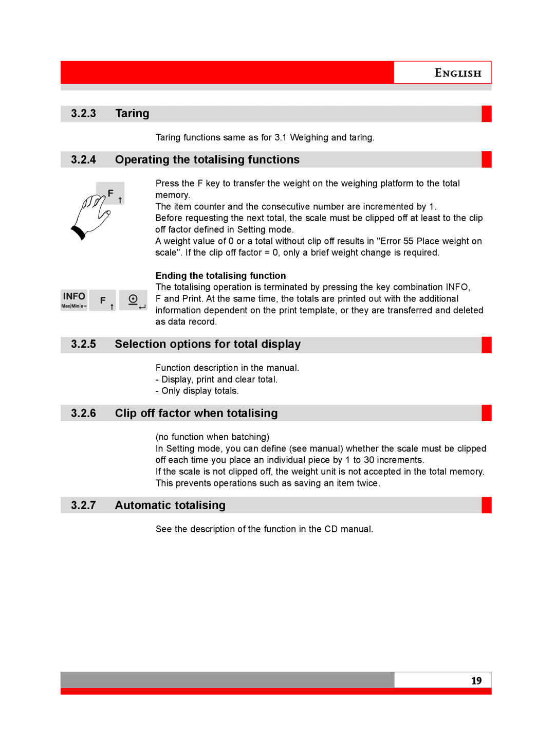 Soehnle 3020 manual Taring, Operating the totalising functions, Selection options for total display, Automatic totalising 