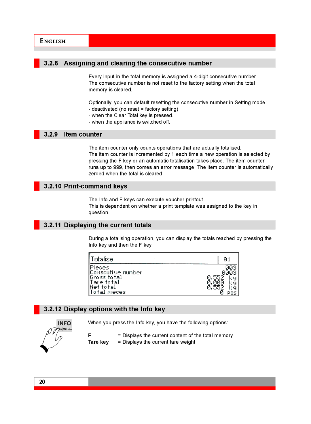 Soehnle 3020 manual Assigning and clearing the consecutive number, Item counter, Print-command keys 