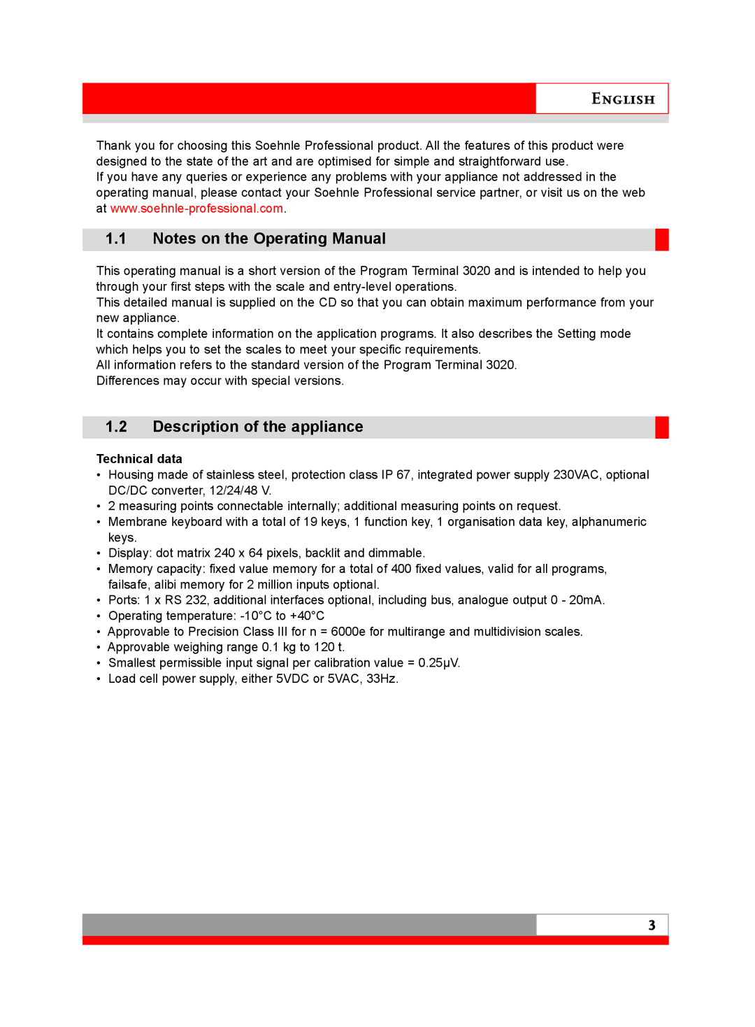 Soehnle 3020 manual Description of the appliance, Technical data 