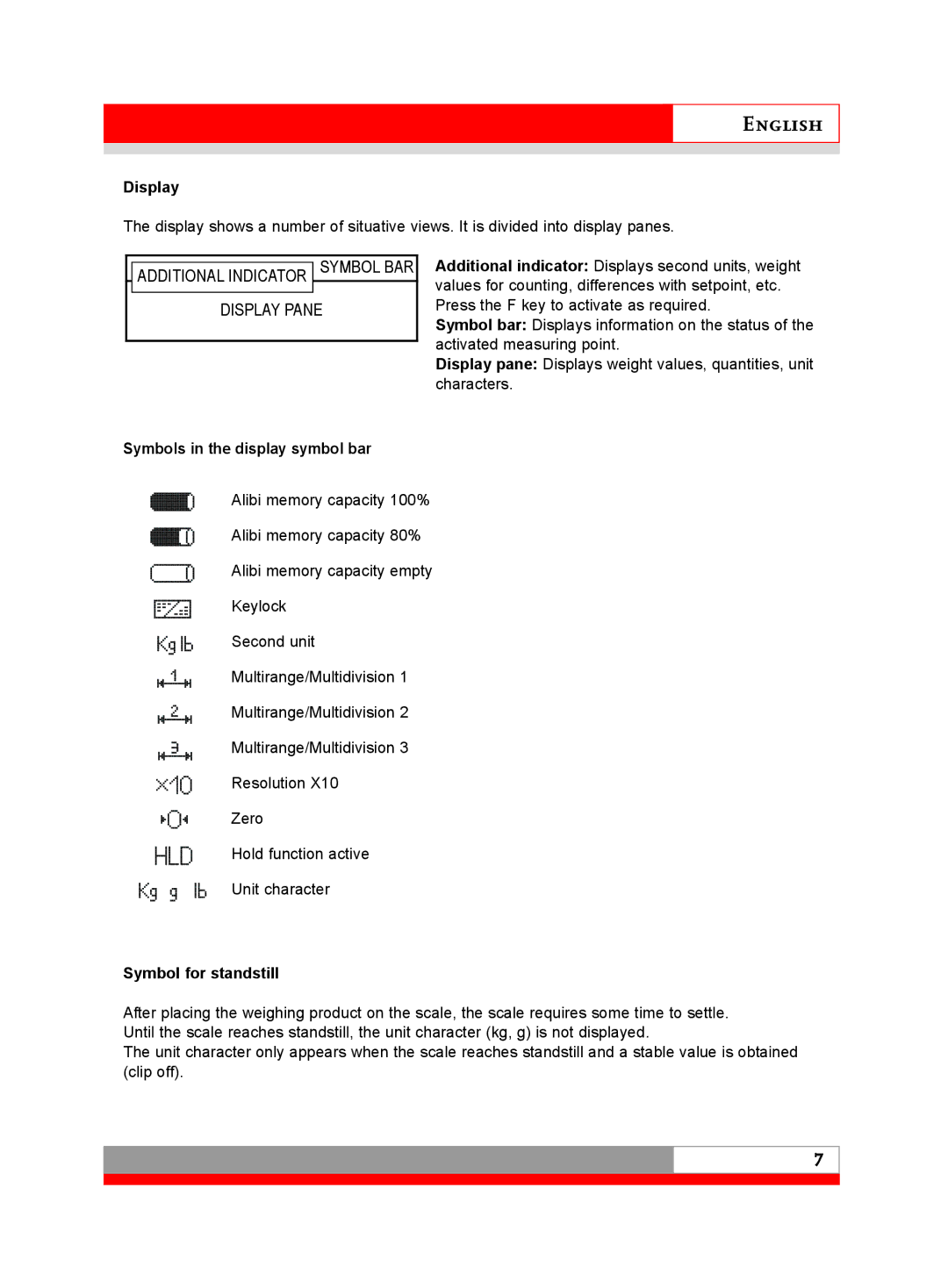 Soehnle 3020 manual Display, Symbols in the display symbol bar, Symbol for standstill 