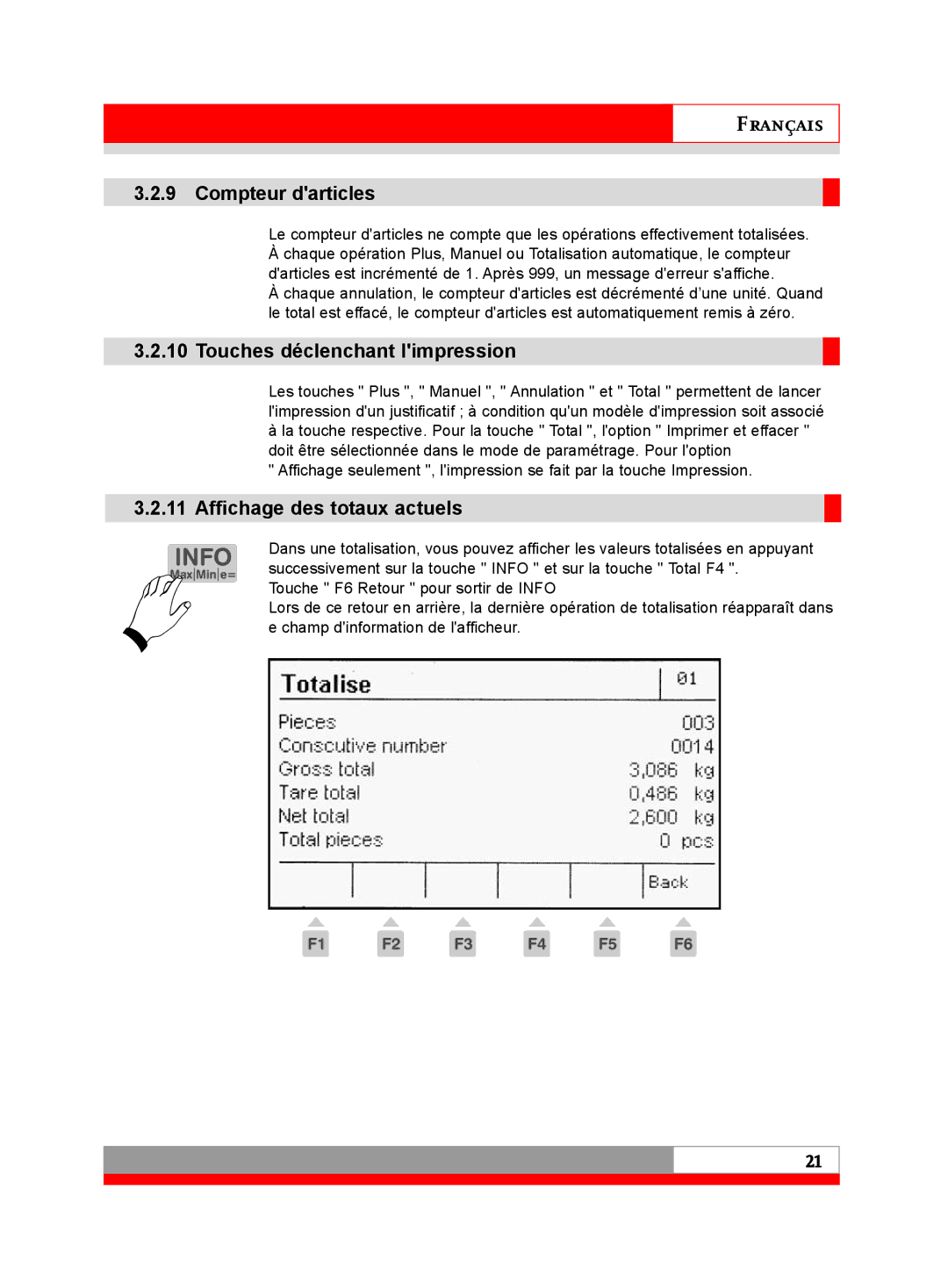 Soehnle 3030 manual Compteur darticles, Touches déclenchant limpression, Affichage des totaux actuels 