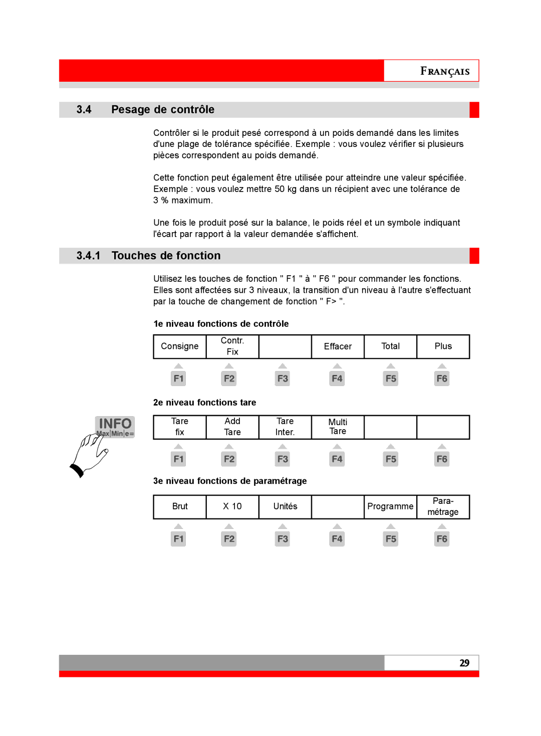 Soehnle 3030 manual Pesage de contrôle, 1e niveau fonctions de contrôle, 2e niveau fonctions tare 