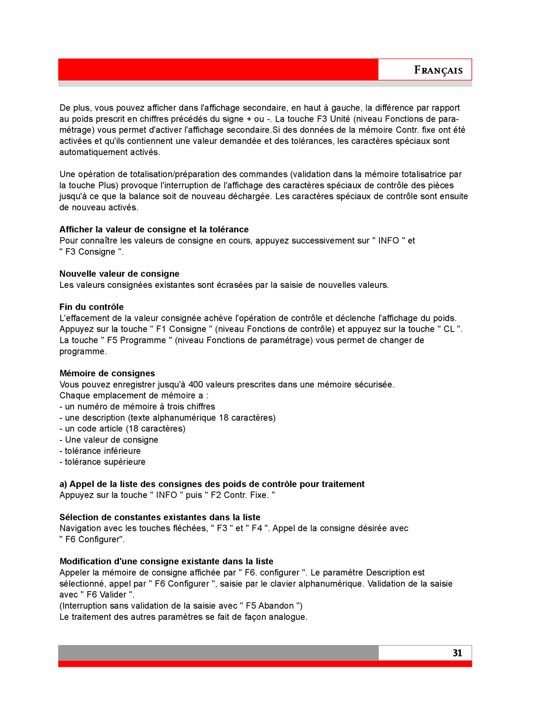 Soehnle 3030 manual Afficher la valeur de consigne et la tolérance, Nouvelle valeur de consigne, Fin du contrôle 