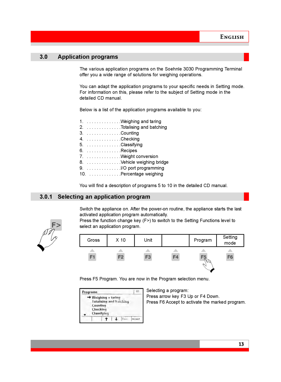 Soehnle 3030 manual Application programs, Selecting an application program 