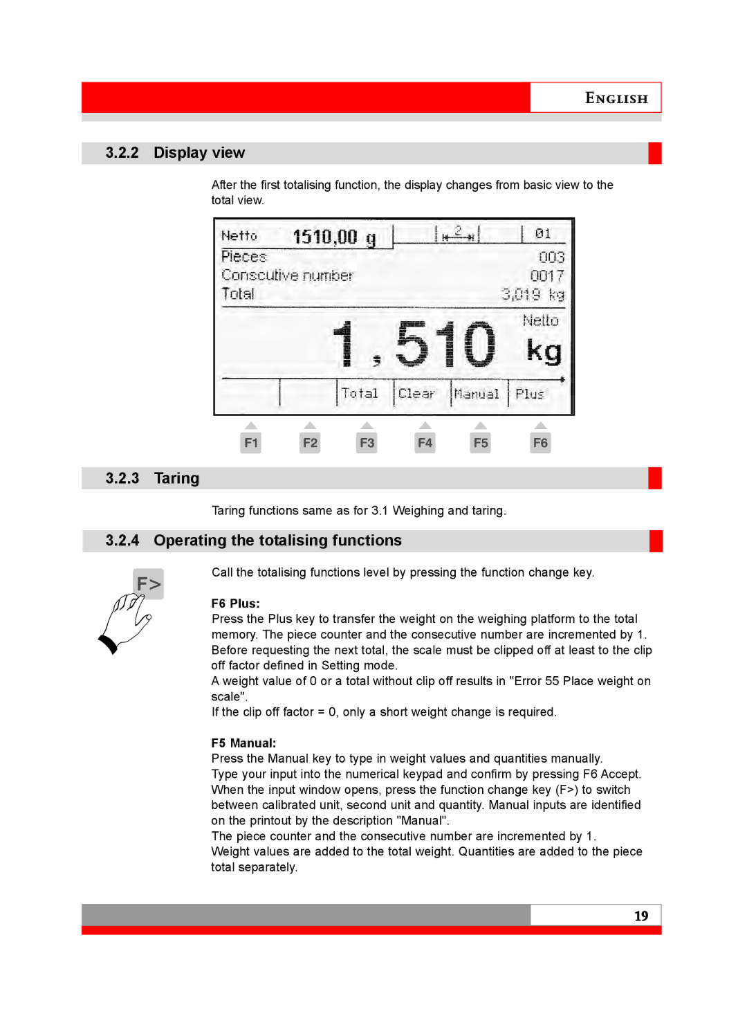 Soehnle 3030 manual Taring, Operating the totalising functions, F6 Plus, F5 Manual 