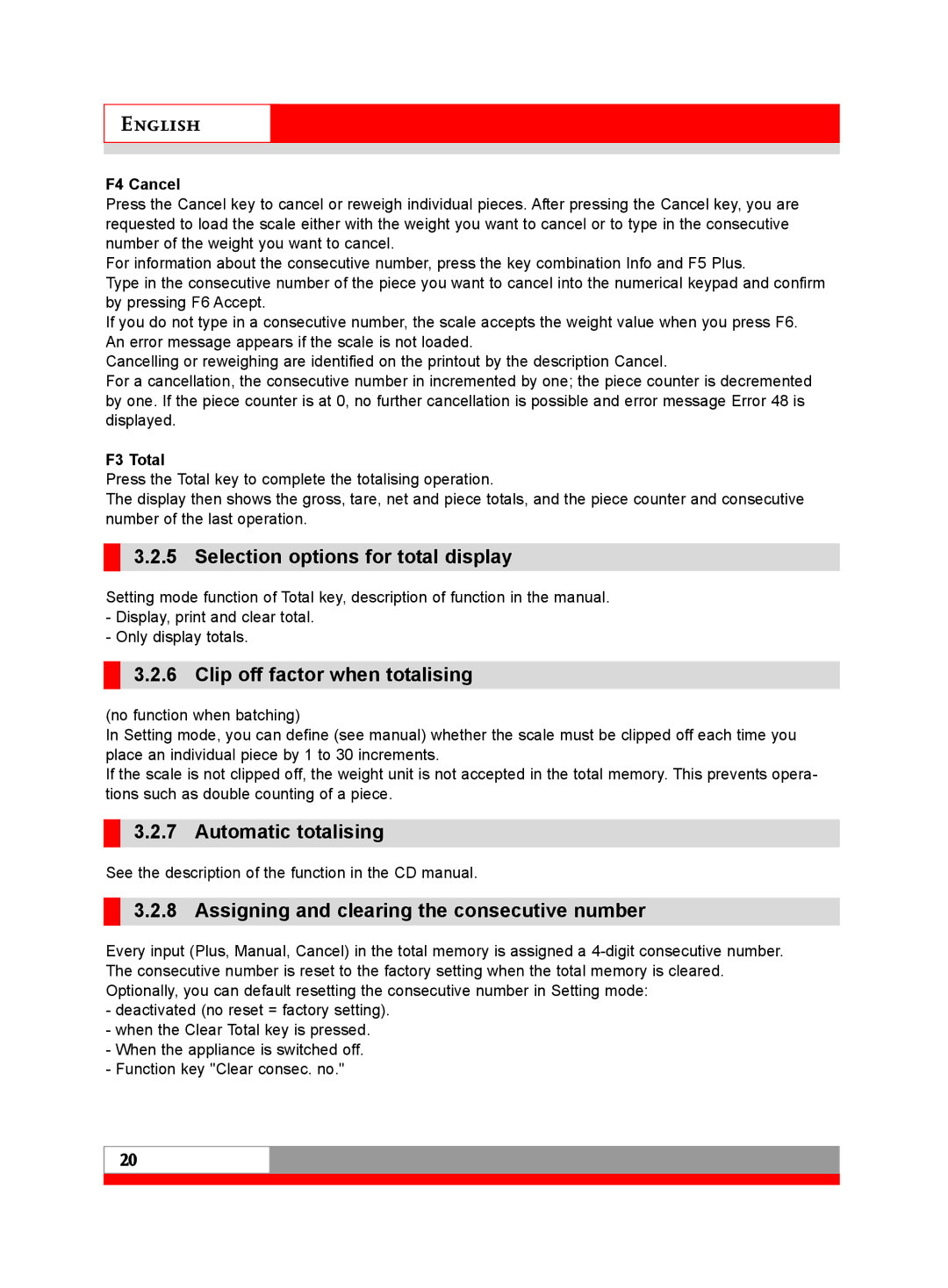 Soehnle 3030 manual Selection options for total display, Clip off factor when totalising, Automatic totalising 