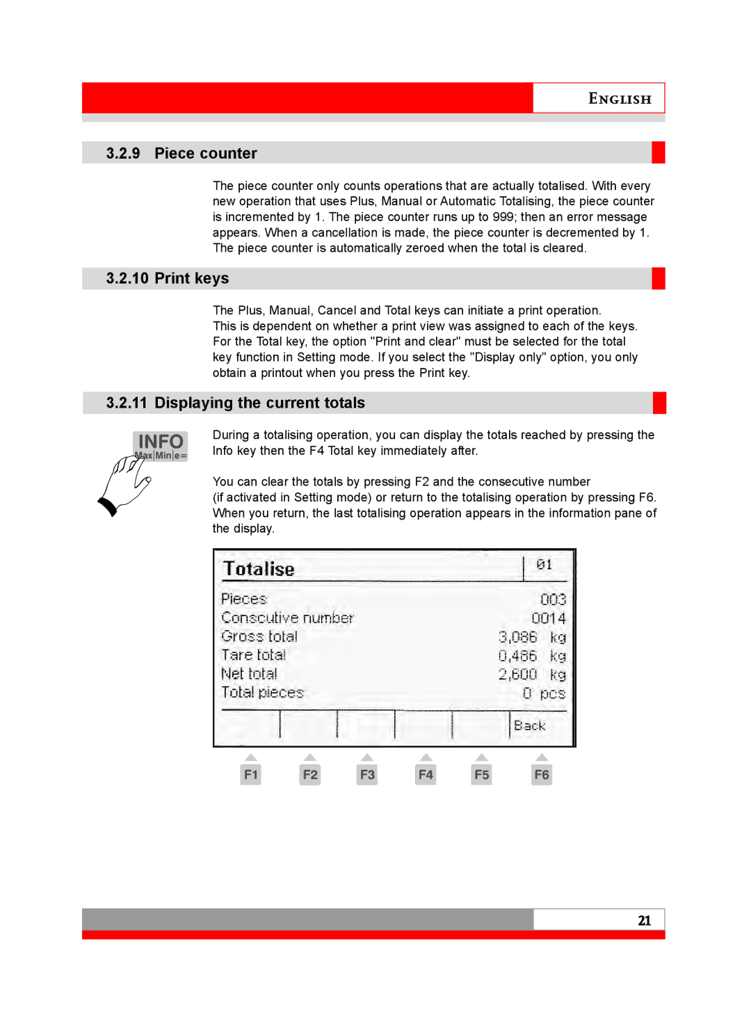 Soehnle 3030 manual Piece counter, Print keys, Displaying the current totals 