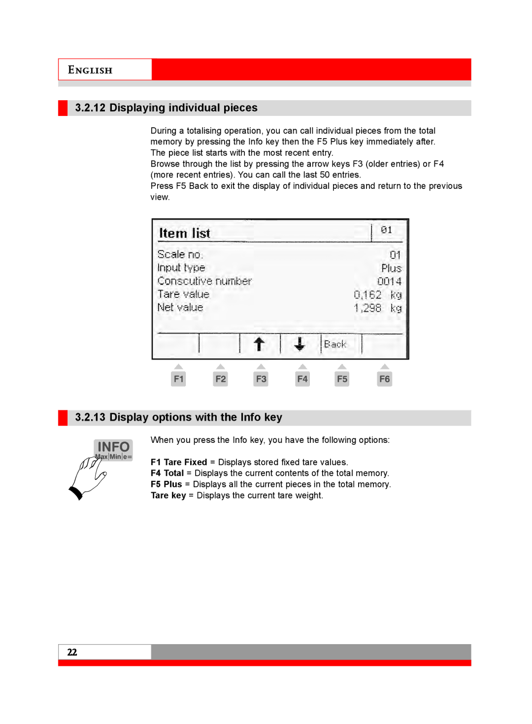 Soehnle 3030 manual Displaying individual pieces, Display options with the Info key 