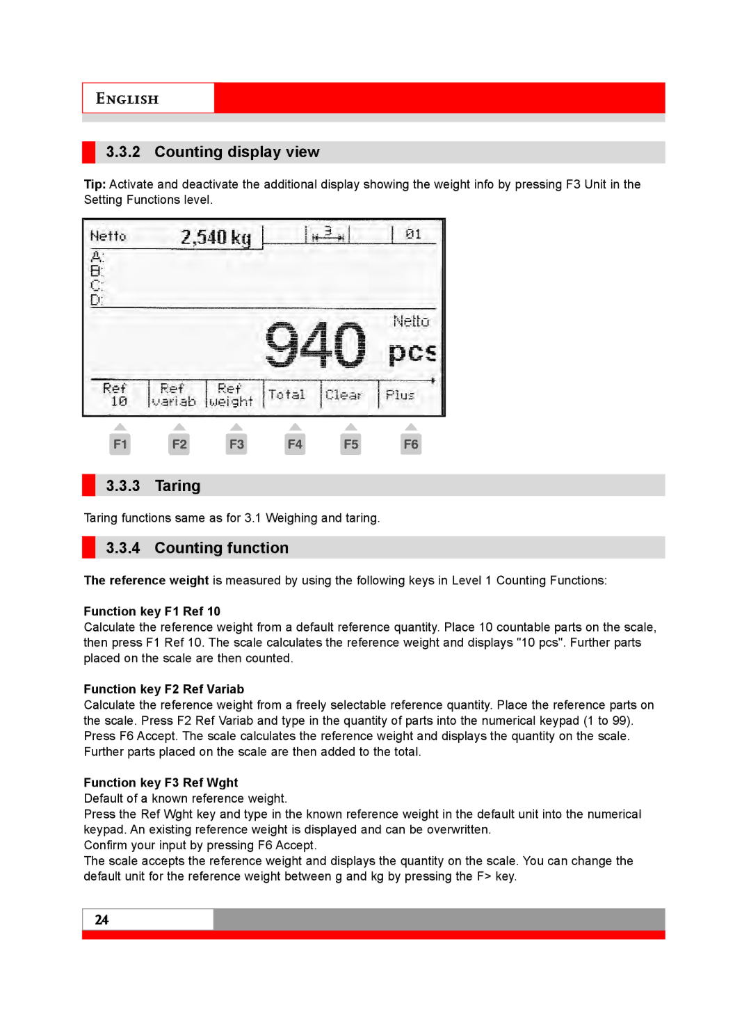 Soehnle 3030 manual Counting display view, Counting function, Function key F1 Ref, Function key F2 Ref Variab 