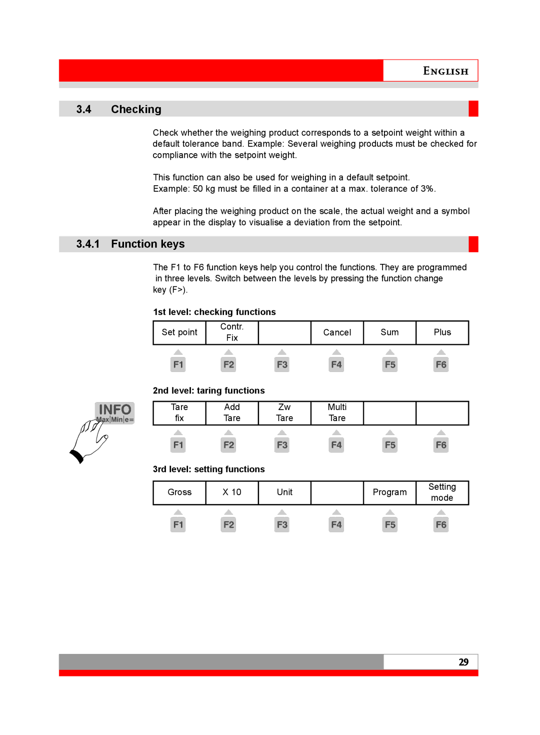 Soehnle 3030 manual Checking, 1st level checking functions 