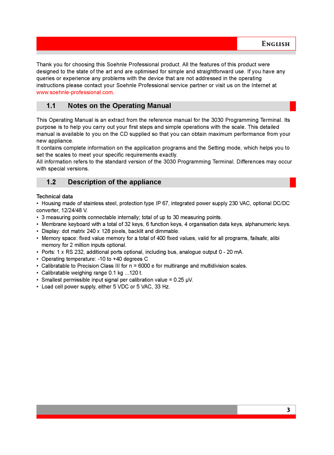 Soehnle 3030 manual Description of the appliance, Technical data 