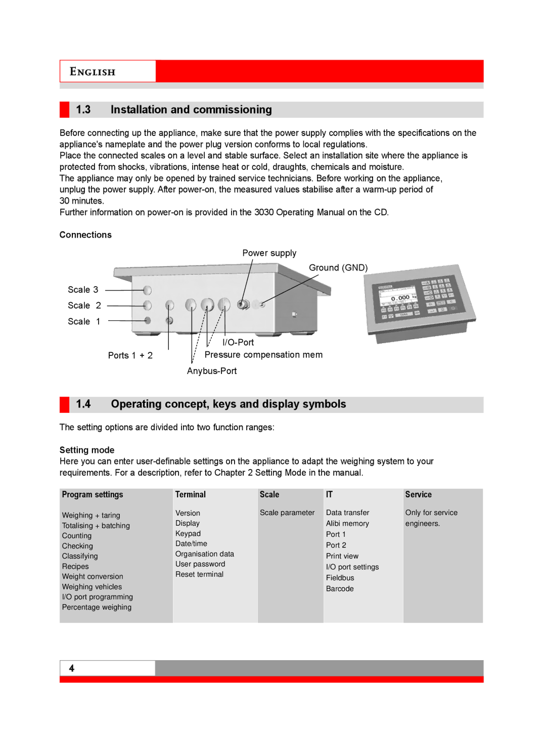 Soehnle 3030 manual Installation and commissioning, Operating concept, keys and display symbols 