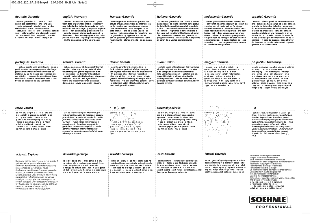 Soehnle 6163 Deutsch Garantie, English Warranty, Français Garantie, Italiano Garanzia Nederlands Garantie Español Garantía 