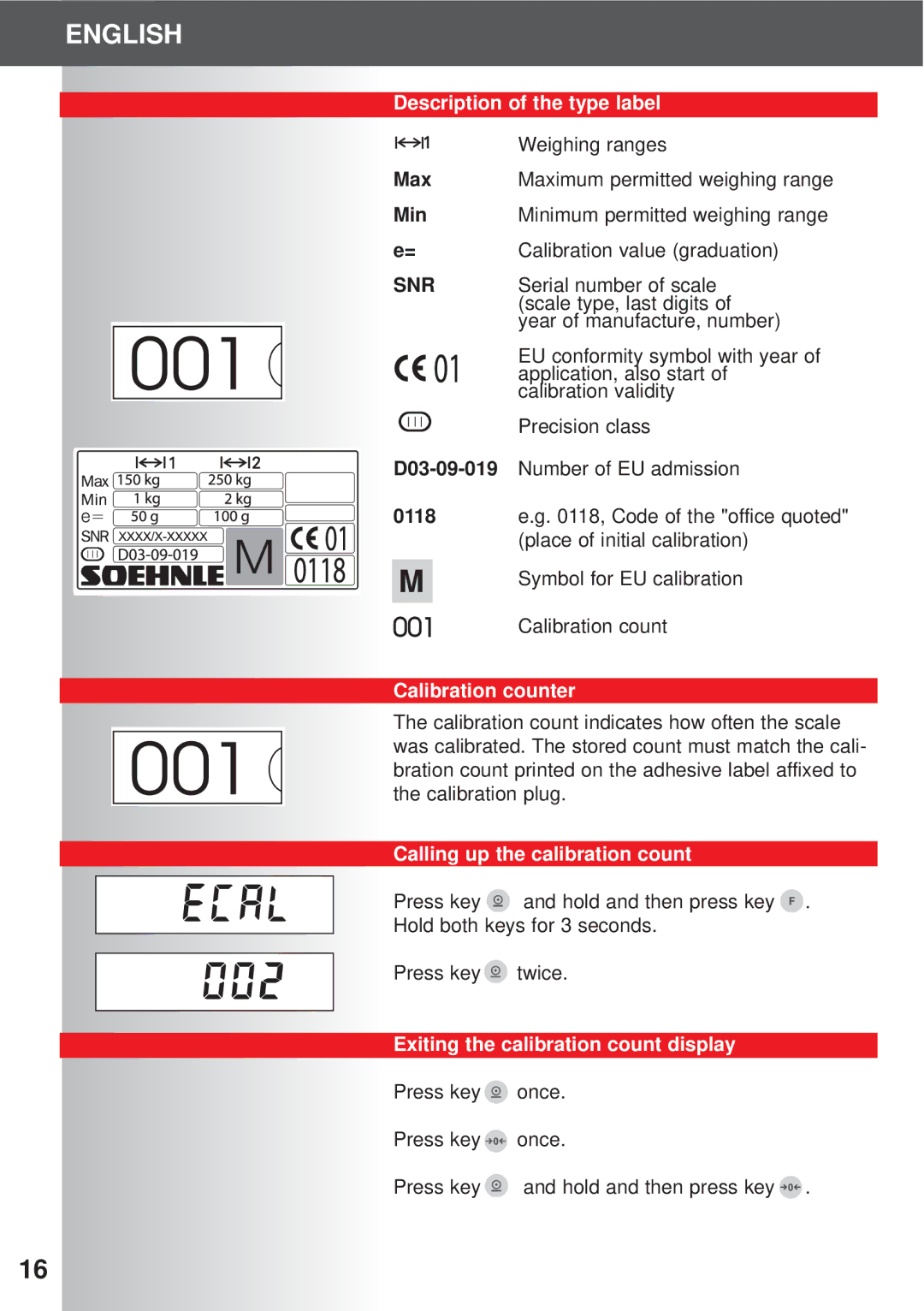 Soehnle 7701, 7700, 7702 Description of the type label, Calibration counter, Calling up the calibration count 