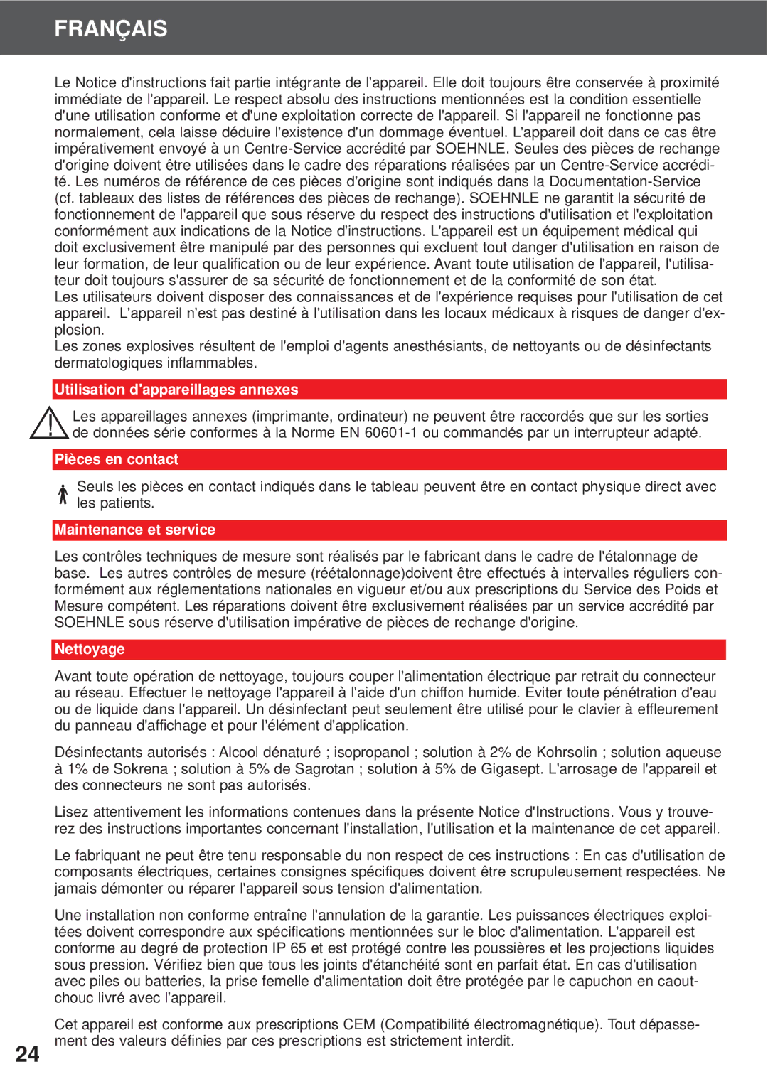 Soehnle 7700, 7701, 7702 Utilisation dappareillages annexes, Pièces en contact, Maintenance et service, Nettoyage 