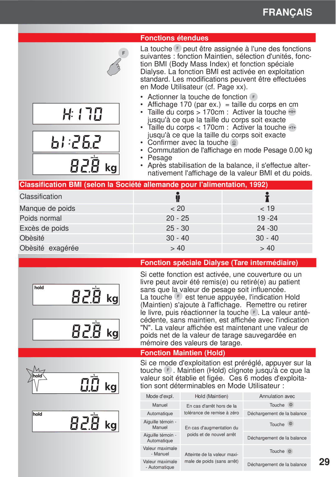 Soehnle 7702, 7700, 7701 Fonctions étendues, Fonction spéciale Dialyse Tare intermédiaire, Fonction Maintien Hold 