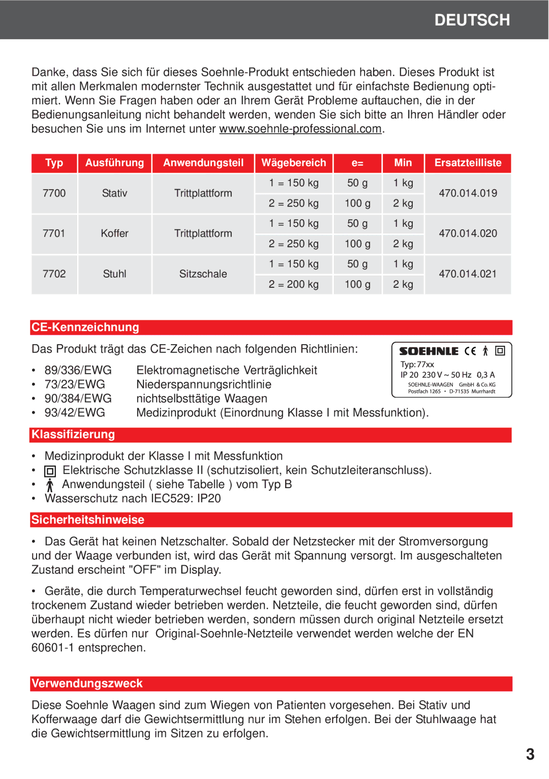 Soehnle 7700, 7701, 7702 operating instructions CE-Kennzeichnung, Klassifizierung, Sicherheitshinweise, Verwendungszweck 