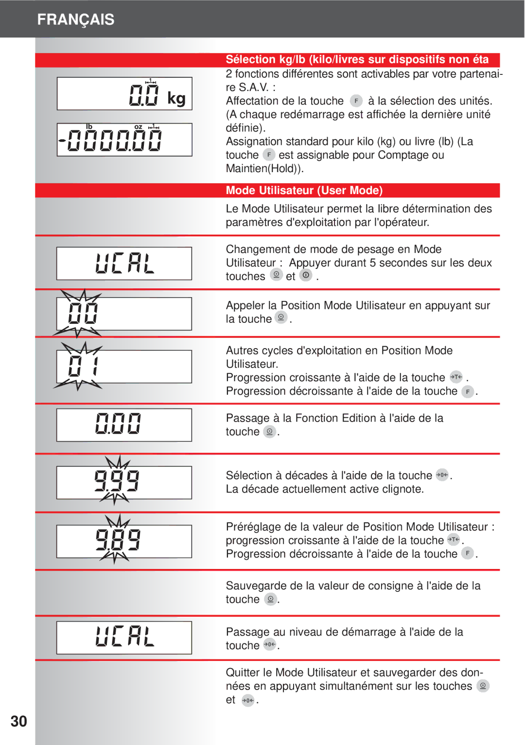 Soehnle 7700, 7701, 7702 Sélection kg/lb kilo/livres sur dispositifs non éta, Mode Utilisateur User Mode 