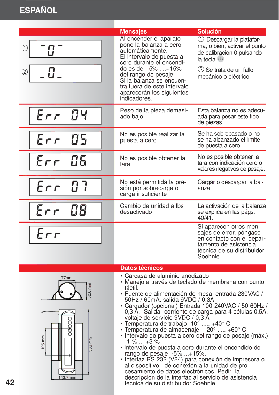 Soehnle 7700, 7701, 7702 operating instructions Mensajes, Solución, Datos técnicos 