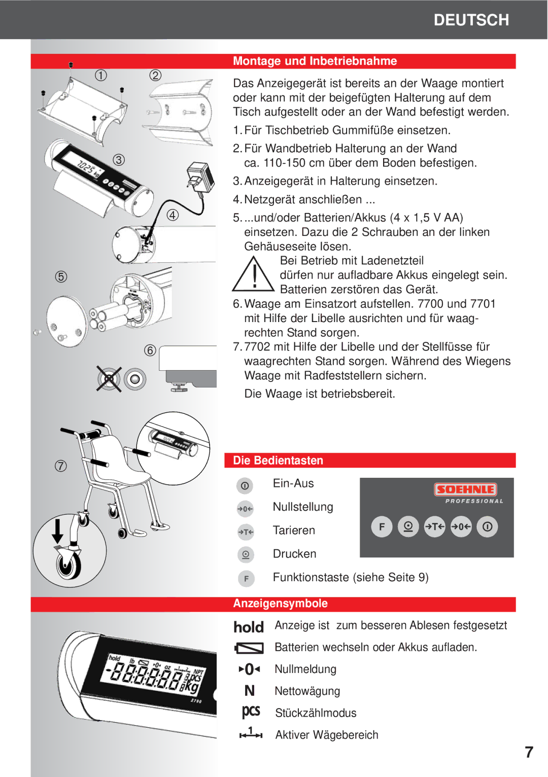 Soehnle 7701, 7700, 7702 operating instructions Montage und Inbetriebnahme, Die Bedientasten, Anzeigensymbole 