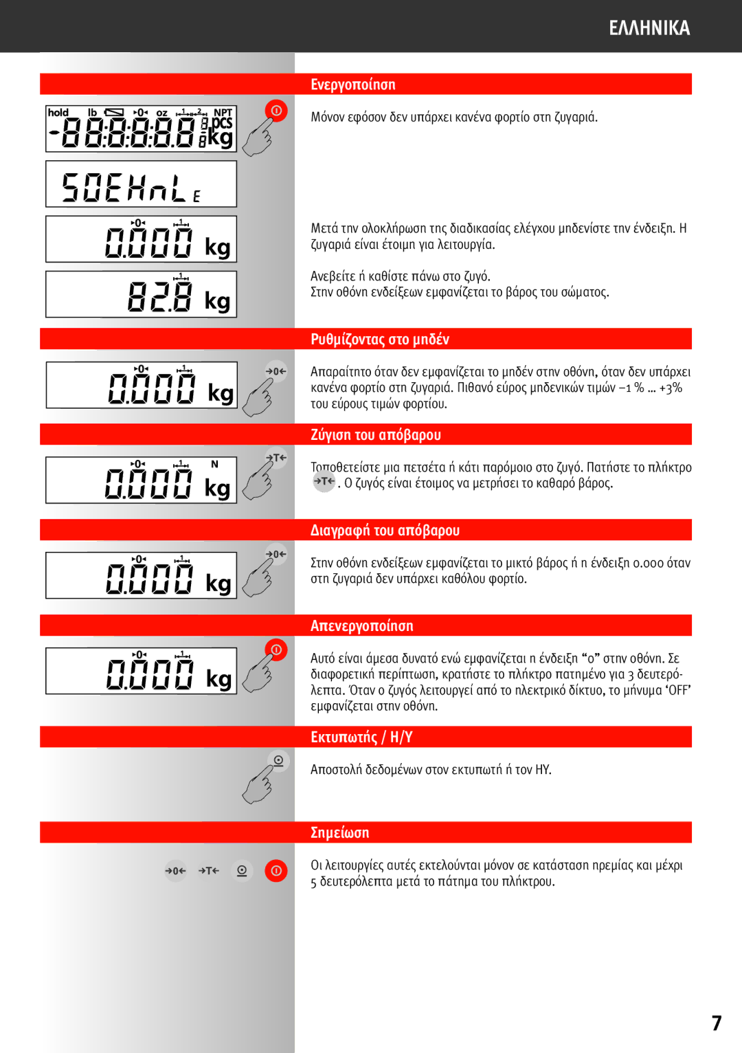 Soehnle 7700 Ενεργοποίηση, Ρυθμίζοντας στο μηδέν, Ζύγιση του απόβαρου, Διαγραφή του απόβαρου, Απενεργοποίηση, Σημείωση 