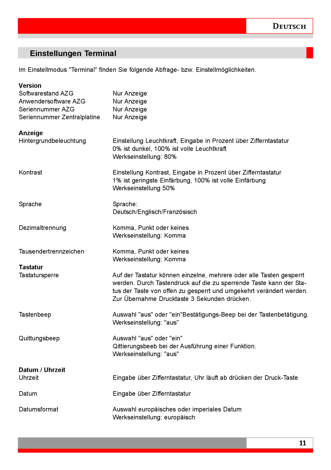 Soehnle 7710 operating instructions Einstellungen Terminal, Version, Anzeige, Tastatur, Datum / Uhrzeit 