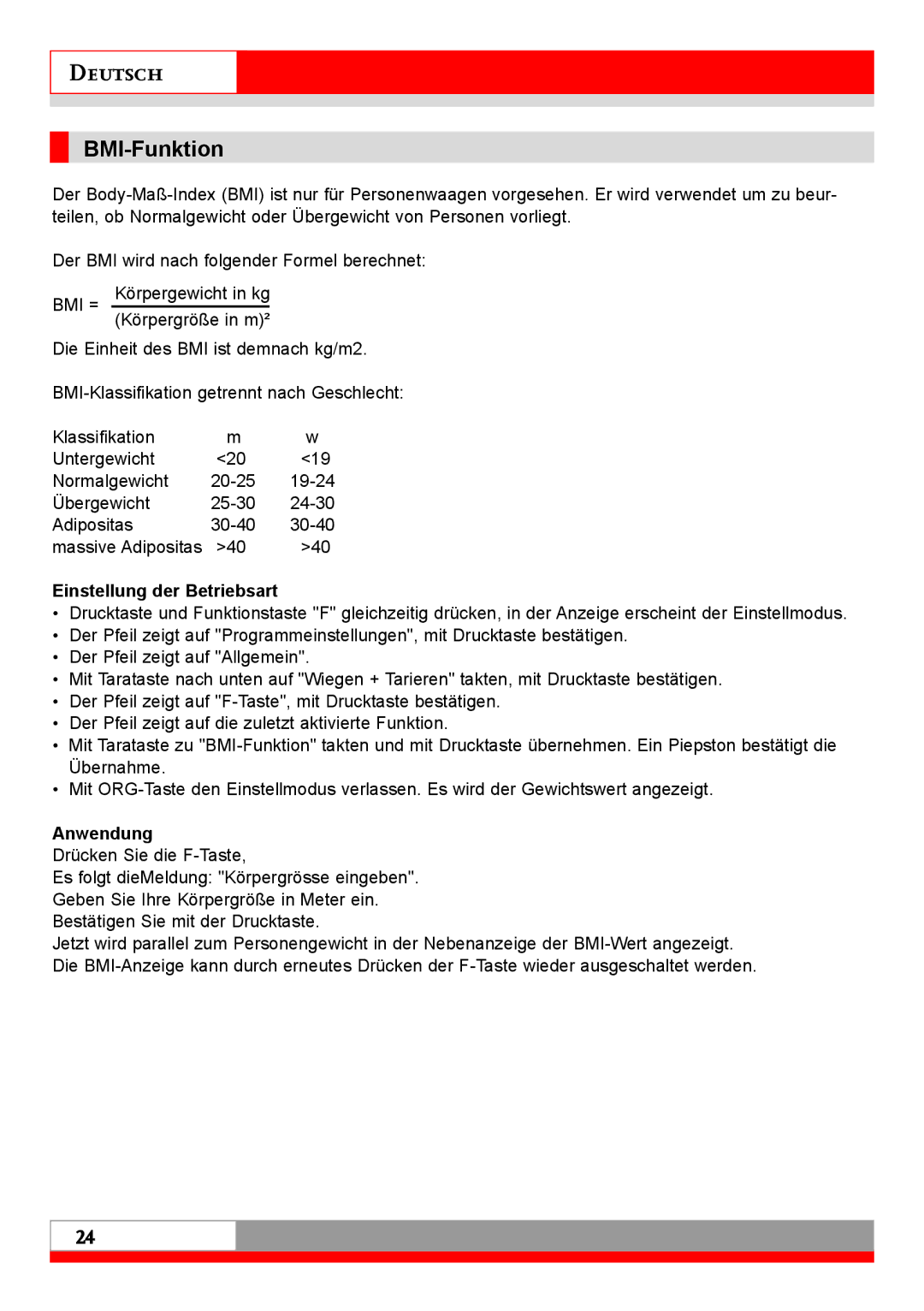 Soehnle 7710 operating instructions BMI-Funktion, Einstellung der Betriebsart 