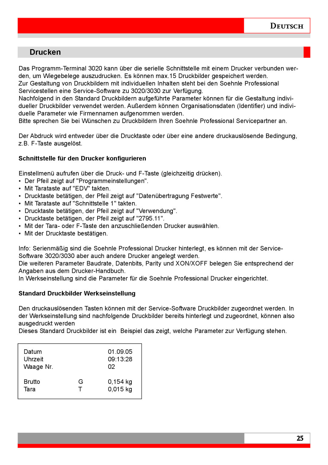 Soehnle 7710 Drucken, Schnittstelle für den Drucker konfigurieren, Standard Druckbilder Werkseinstellung 