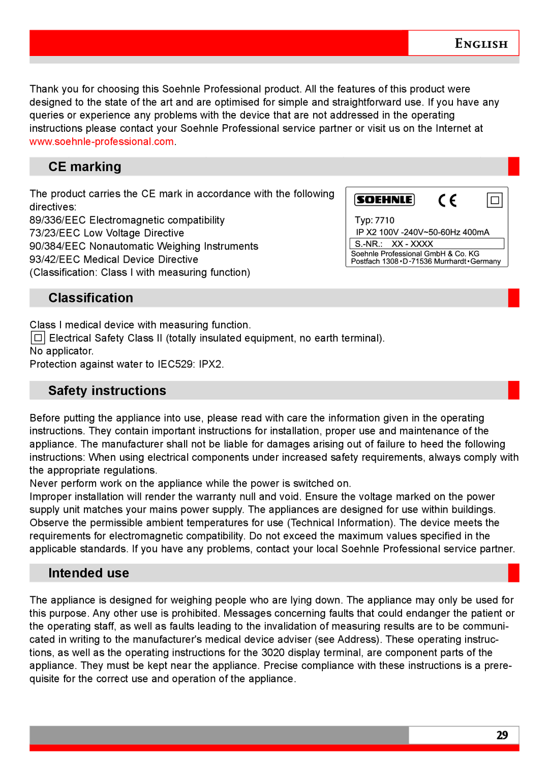 Soehnle 7710 operating instructions CE marking, Classification, Safety instructions, Intended use 