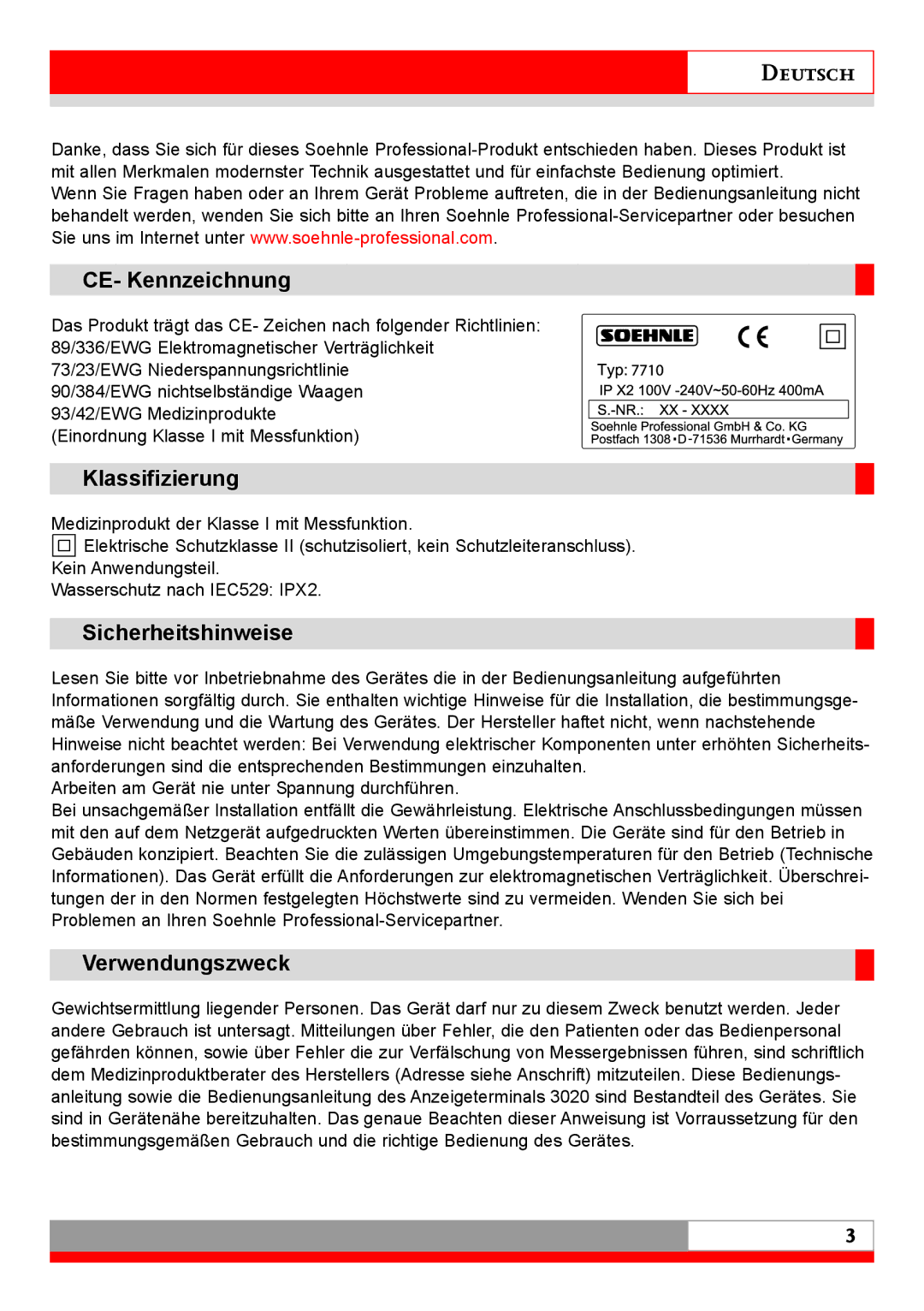 Soehnle 7710 operating instructions CE- Kennzeichnung, Klassifizierung, Sicherheitshinweise, Verwendungszweck 