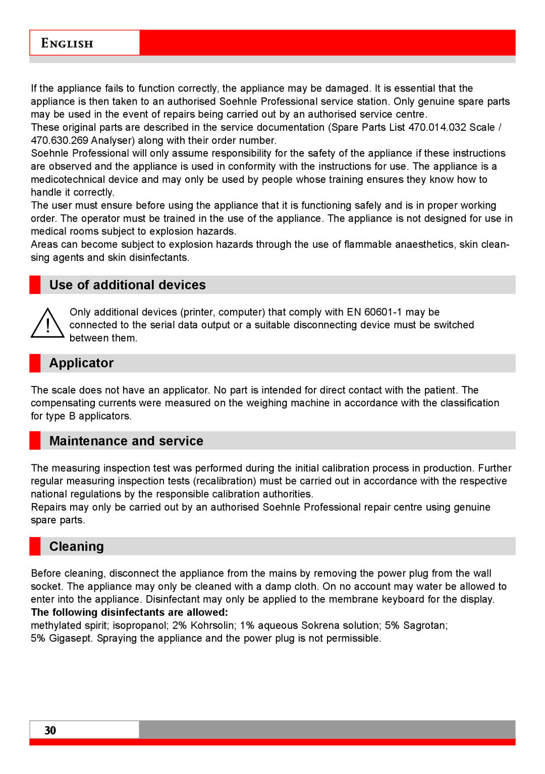 Soehnle 7710 Use of additional devices, Applicator, Maintenance and service, Cleaning, Following disinfectants are allowed 