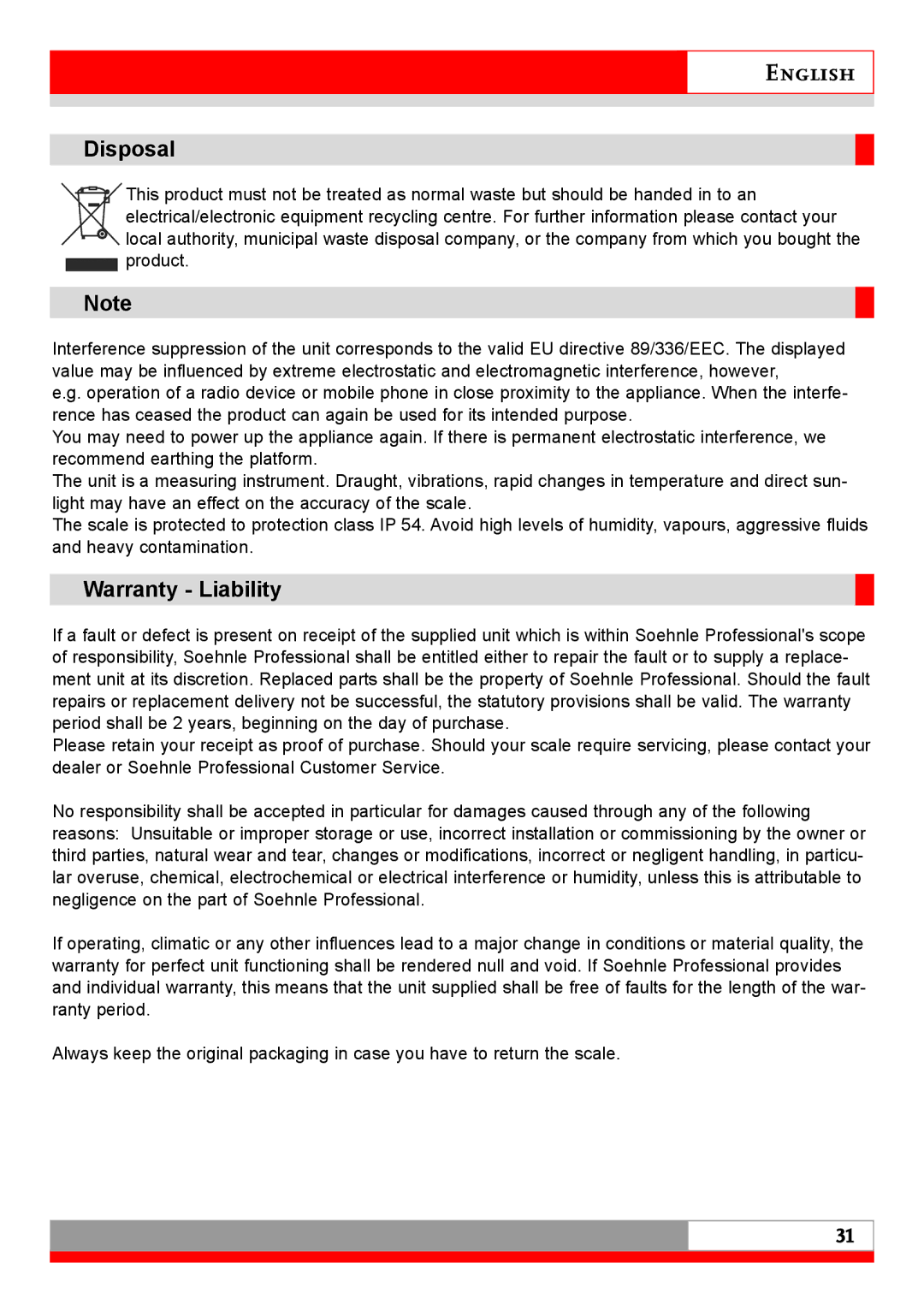 Soehnle 7710 operating instructions Disposal, Warranty Liability 