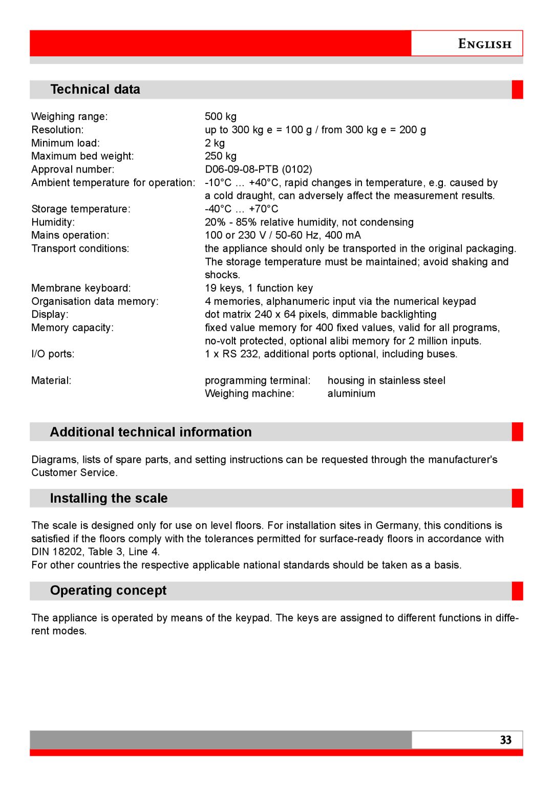 Soehnle 7710 Technical data, Additional technical information, Installing the scale, Operating concept 