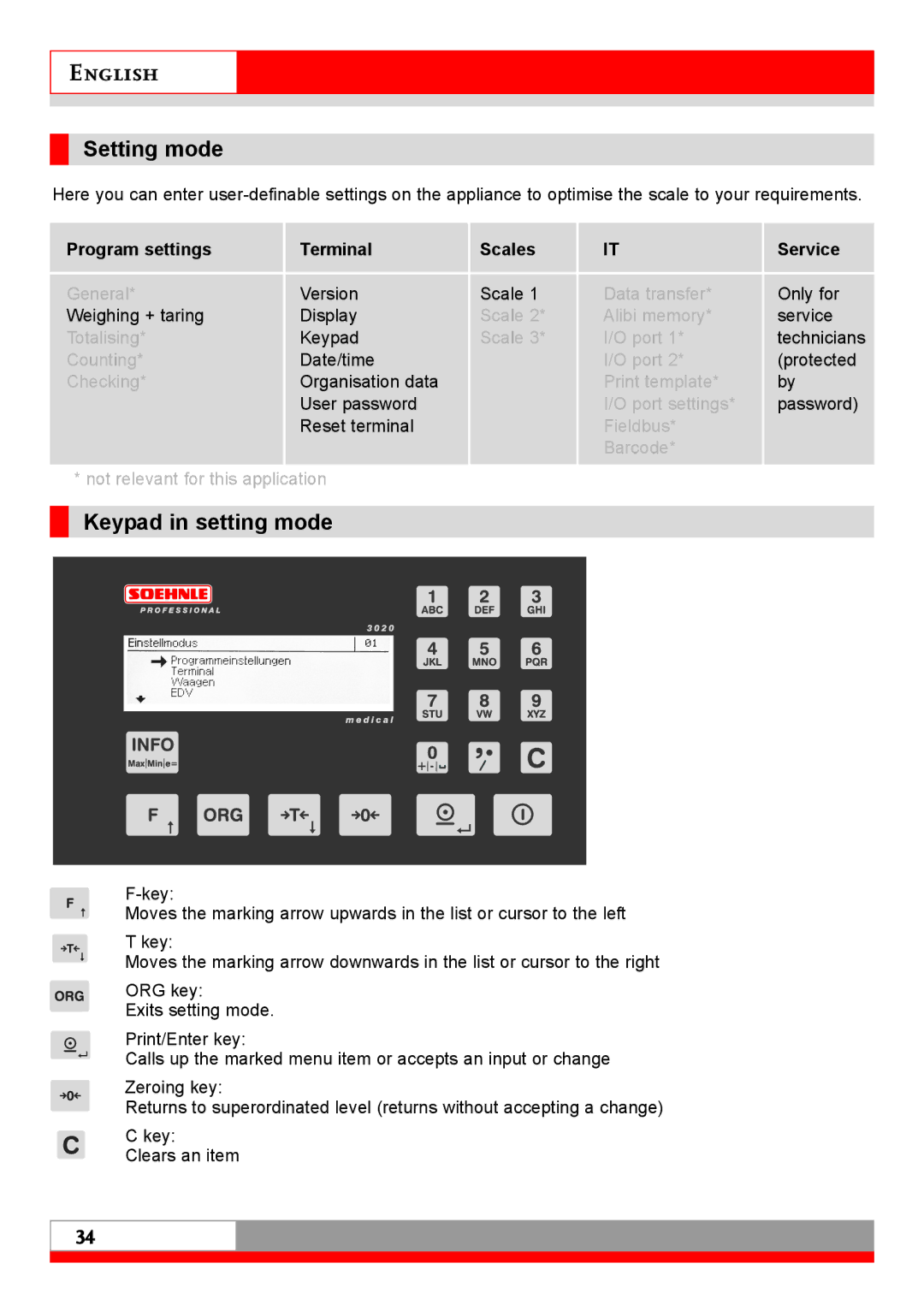 Soehnle 7710 operating instructions Setting mode, Keypad in setting mode 