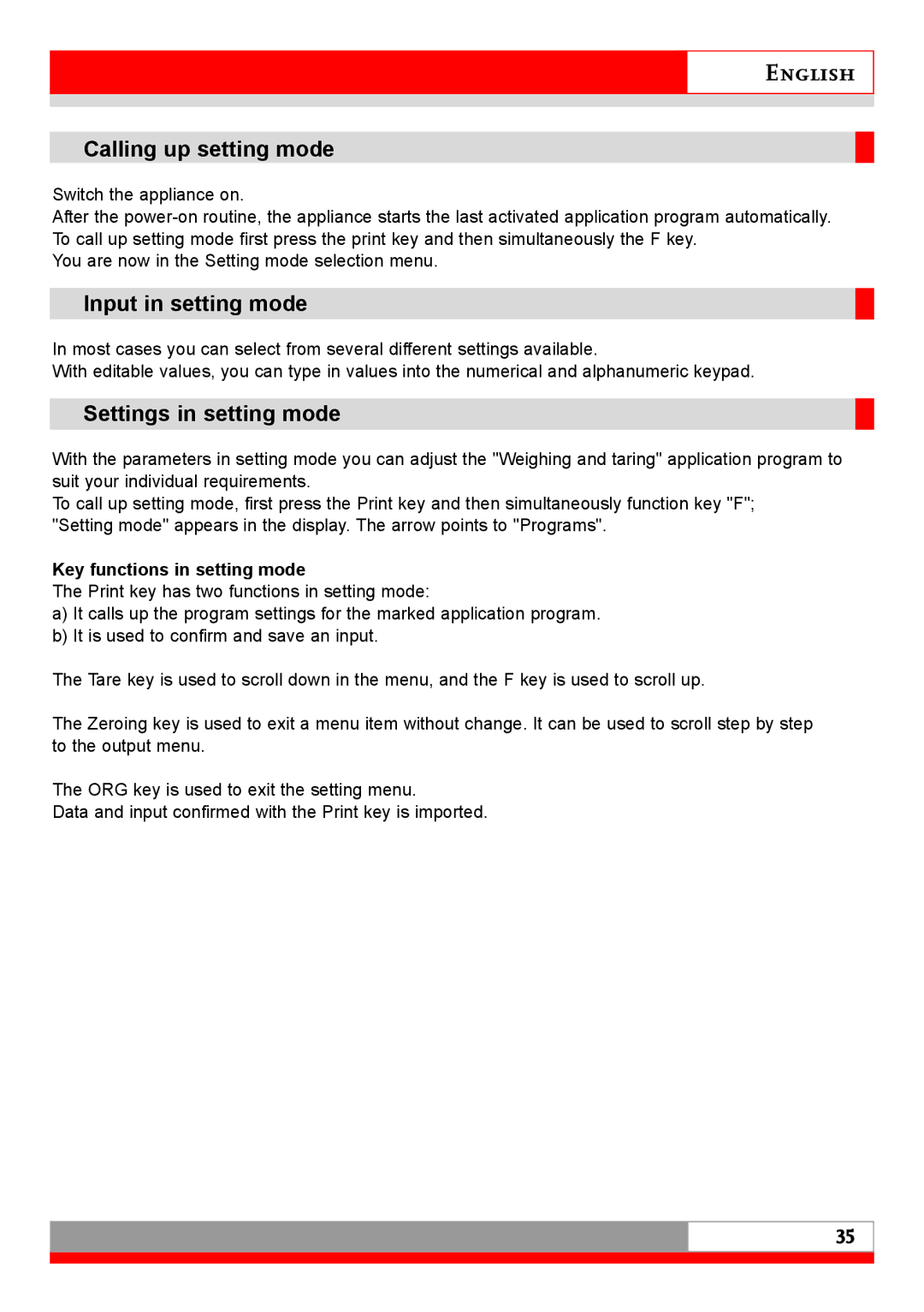 Soehnle 7710 Calling up setting mode, Input in setting mode, Settings in setting mode, Key functions in setting mode 