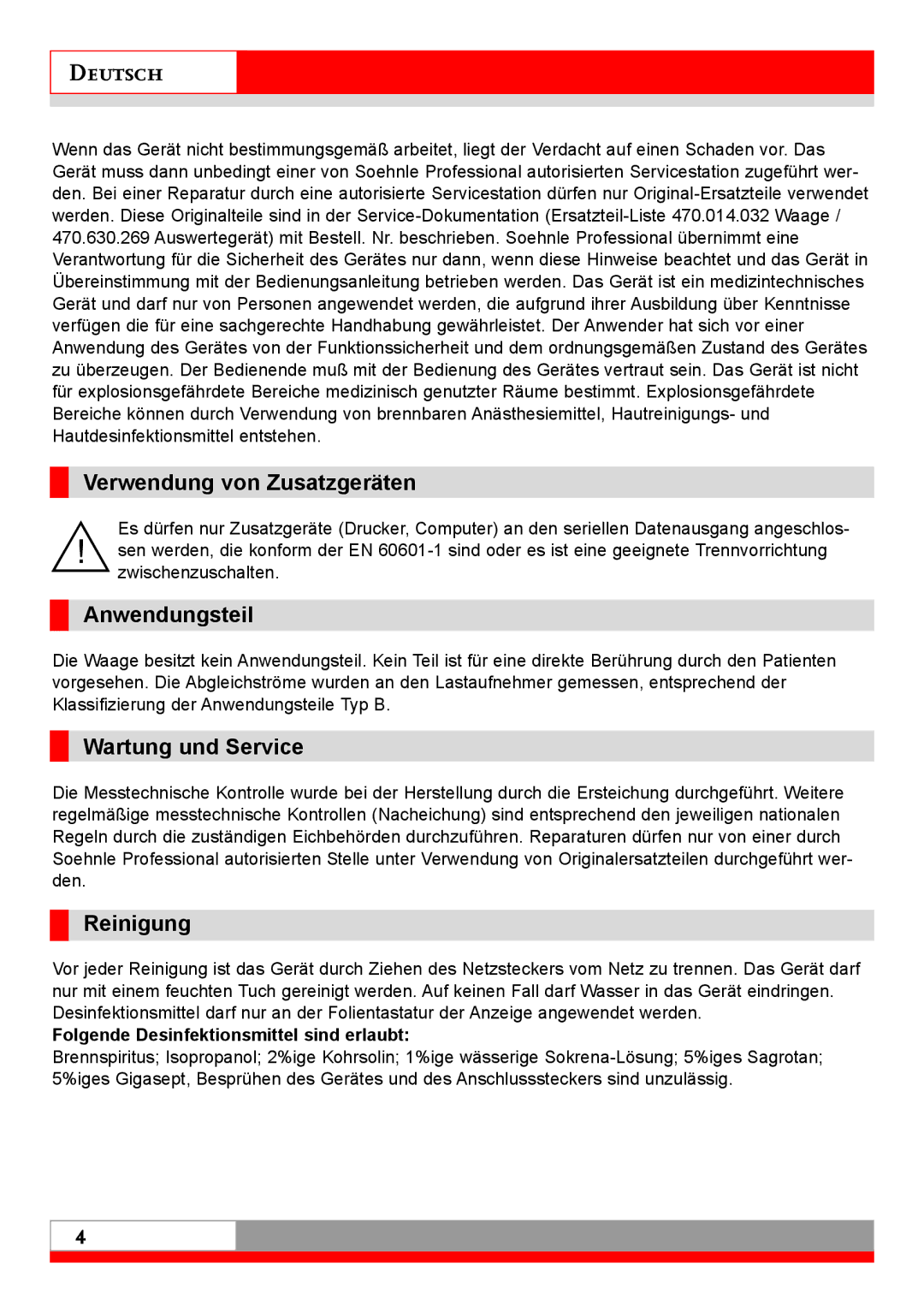 Soehnle 7710 operating instructions Verwendung von Zusatzgeräten, Anwendungsteil, Wartung und Service, Reinigung 