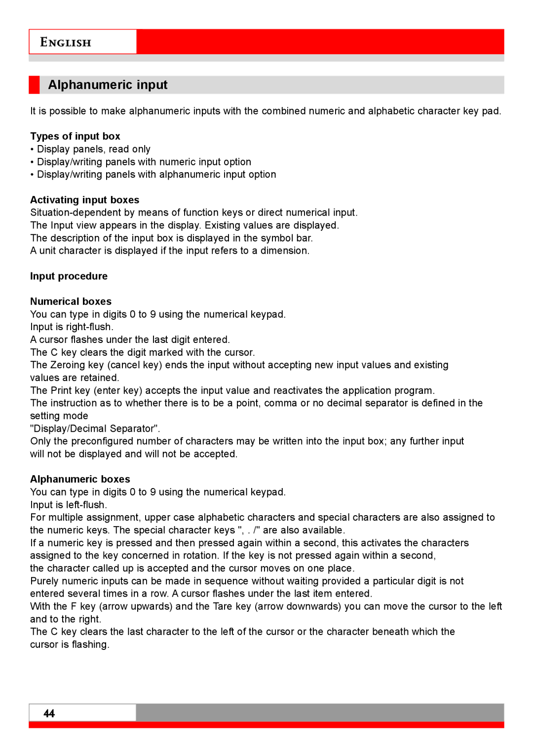 Soehnle 7710 Alphanumeric input, Types of input box, Activating input boxes, Input procedure Numerical boxes 